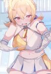  1girl blonde_hair blue_archive breasts character_request cheerleader crying crying_with_eyes_open gloves halo highres large_breasts mi_taro333 millennium_cheerleader_outfit_(blue_archive) navel plump red_eyes short_hair solo tears white_gloves yellow_halo 