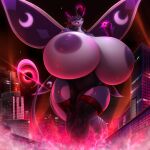  1:1 2023 absurd_res anthro areola big_breasts black_clothing black_dress breasts building city clothing digital_media_(artwork) drakonst dress female hi_res huge_breasts hyper hyper_breasts legwear macro nipples skyscraper solo stockings unknown_species wings 