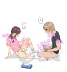  1boy 1girl absurdres black_shirt blush bottomless brown_hair female_masturbation female_pubic_hair highres male_masturbation masturbation mutual_masturbation original penis pink_shirt pubic_hair shirt simple_background spread_legs t-shirt tissue_box translation_request ushisuke white_background 