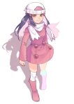  1girl ayan_ip beanie black_hair boots buttons closed_mouth coat commentary dawn_(pokemon) eyelashes full_body hair_ornament hairclip hat highres long_hair long_sleeves looking_at_viewer over-kneehighs pink_coat pink_footwear pokemon pokemon_adventures scarf sidelocks smile solo standing thighhighs white_background white_headwear white_scarf yellow_eyes 