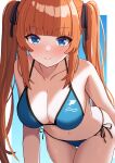  1girl amenocchi bikini blue_bikini blue_eyes blunt_bangs breasts cleavage collarbone commentary_request cowboy_shot highres large_breasts leaning_forward long_hair looking_at_viewer orange_hair original side-tie_bikini_bottom smile solo swimsuit twintails 