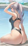  1girl absurdres animal_ear_fluff animal_ears ass blue_archive blue_eyes blush breasts commentary competition_swimsuit cross_hair_ornament extra_ears grey_hair hair_ornament halo highres huge_ass kitin large_breasts looking_at_viewer mismatched_pupils official_alternate_costume one-piece_swimsuit ponytail pool poolside shiroko_(blue_archive) shiroko_(swimsuit)_(blue_archive) sitting solo swimsuit thick_thighs thighs wet wolf_ears 