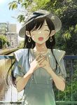  1girl black_hair blue_dress blush canal closed_eyes collarbone day dress earrings fence hand_on_own_chest hat highres jewelry kanojo_okarishimasu long_hair miyajima_reiji mizuhara_chizuru official_art open_mouth outdoors solo standing sun_hat tree white_headwear 