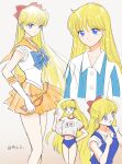  aino_minako ball bishoujo_senshi_sailor_moon blonde_hair blue_bow blue_eyes bow choker earrings happy highres jewelry legs navel open_mouth orange_choker orange_sailor_collar orange_skirt sailor_collar sailor_venus skirt takayo_(retry) v variations volleyball_(object) 