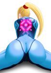  1girl ass ass_focus blonde_hair blue_bodysuit bodysuit commentary_request from_behind metroid ponytail s.forest samus_aran skin_tight solo stretching zero_suit 