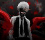  1boy alpha_transparency black_necktie black_pants black_sclera black_vest colored_sclera eyepatch flower glowing glowing_eye kaneki_ken long_sleeves male_focus mask necktie one_eye_covered pants petals shirt short_hair spider_lily teeth_print tokyo_ghoul vest white_hair white_shirt yukimachi37 