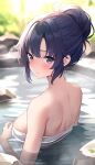  1girl absurdres blue_archive blurry blurry_background blush breasts closed_mouth highres large_breasts leaf looking_at_viewer naked_towel onsen outdoors partially_submerged purple_eyes purple_hair rock short_hair solo towel upper_body water white_towel yuuka_(blue_archive) zeatto 