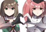  2girls atlanta_(kancolle) bare_shoulders black_gloves black_headwear breasts brown_hair cut_bangs earrings empty_eyes expressionless fingerless_gloves gloves green_eyes hat heart heart_hands heart_hands_duo highres jewelry kantai_collection kuroyaki_soba looking_at_viewer maya_(kancolle) medium_hair mini_hat multiple_girls sailor_collar shirt simple_background star_(symbol) star_earrings two_side_up upper_body white_background white_shirt 