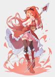  1girl black_ribbon black_thighhighs blush boots cloudyman food full_body high_ponytail highres holding holding_polearm holding_weapon long_hair looking_at_viewer magical_girl mahou_shoujo_madoka_magica mahou_shoujo_madoka_magica_(anime) pink_skirt pocky polearm red_eyes red_hair ribbon sakura_kyoko skirt solo soul_gem spear thighhighs very_long_hair weapon 