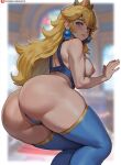  1girl ass blonde_hair blue_eyes blue_panties blue_thighhighs blurry blurry_background breasts closed_mouth commentary crown earrings highres jewelry large_breasts lips long_hair mario_(series) nipples panties patreon_logo patreon_username princess_peach shexyo solo thick_eyebrows thighhighs underwear 