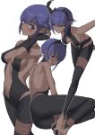  1girl announ_(kurotya) ass bare_shoulders black_gloves black_hairband black_leotard blush breasts center_opening clenched_teeth dark-skinned_female dark_skin fate/prototype fate/prototype:_fragments_of_blue_and_silver fate_(series) fingerless_gloves gloves hairband hassan_of_serenity_(fate) highres leggings leotard looking_at_viewer looking_back medium_breasts multiple_views navel purple_eyes purple_hair short_hair sidelocks smile teeth 