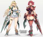  2girls absurdres bare_shoulders blonde_hair breasts chest_jewel cleavage covered_navel dress earrings fingerless_gloves gem gloves hand_on_own_hip headpiece highres holding holding_sword holding_weapon jewelry large_breasts long_hair looking_at_viewer multiple_girls mythra_(xenoblade) negresco pyra_(xenoblade) red_eyes red_hair short_hair swept_bangs sword thighhighs thighs tiara weapon xenoblade_chronicles_(series) xenoblade_chronicles_2 