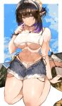  1girl absurdres arknights arm_support bikini bikini_under_shorts black_hair blue_eyes blue_hair blue_sky border bracelet breasts commentary_request commission earrings eunectes_(arknights) finger_to_mouth highres jewelry kneeling large_breasts looking_at_viewer multiple_bracelets multiple_earrings muscular muscular_female necklace parted_lips pointy_ears sandals second-party_source see-through short_hair short_ponytail short_shorts shorts sky snake_girl snake_tail solo stomach swimsuit tail thighs underboob white_bikini white_headwear yuki_flourish 