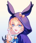  1girl animal_hood bell black_eyes blonde_hair blue_eyes blue_nails blue_ribbon bow cat claw_pose colored_sclera fangs hair_between_eyes highres hood looking_at_viewer lucie_(millie_parfait) millie_parfait nail_polish nijisanji nijisanji_en orange_sclera orange_sweater ribbed_sweater ribbon senmi_(vvv_1864) short_hair smile solo sweater virtual_youtuber yellow_bow 