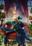  2boys abs absurdres alternate_costume aqua_eyes arm_rest bakugou_katsuki belt belt_buckle blonde_hair blue_pants blue_shirt blurry blurry_foreground boku_no_hero_academia buckle buttons candelabra candlestand check_clothing clip_studio_paint_(medium) clothing_request colored_shoe_soles commentary_request couch criss-cross_halter cropped_shirt cross-laced_footwear cushion depth_of_field dress_shoes fashion figure_four_sitting film_grain freckles full_body gold_necklace green_hair hair_between_eyes halterneck hand_in_pocket hand_on_hand hand_on_own_knee hand_up highres indoors jacket jewelry kawaharaaisu kikkoumon lapels leaf leaning_back light lion looking_at_viewer male_focus midoriya_izuku midriff multiple_boys multiple_necklaces multiple_rings navel necklace notched_lapels on_couch open_clothes open_jacket open_mouth own_hands_together painting_(object) pants partial_commentary pendant photoshop_(medium) picture_(object) picture_frame plant puffy_pants rabbit red_curtains red_eyes ring scowl shadow shirt shoe_soles shoes short_hair shrug_(clothing) side-by-side sitting sleeve_cuffs smile sneakers spiked_hair stomach teeth thumb_ring toned toned_male turning_head turtleneck unmoving_pattern upper_teeth_only v_arms white_belt window yellow_footwear 