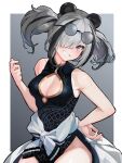  1girl animal_ears arknights bare_arms bare_shoulders black_dress black_hair breasts brown_eyes cleavage cleavage_cutout clothes_around_waist clothing_cutout collarbone dress eyewear_on_head feater_(arknights) grey_hair grin groin hair_over_one_eye highres idashige_(walkietalkie) jacket jacket_around_waist looking_at_viewer multicolored_hair round_eyewear smile solo streaked_hair twintails white_jacket 