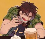  1boy alcohol beef beer beer_mug black_shirt brown_hair chopsticks closed_eyes commentary_request cup green_shirt happy_tears highres holding holding_chopsticks inudori itou_kaiji kaiji long_hair male_focus medium_bangs mug open_clothes open_mouth open_shirt parted_bangs plaid plaid_shirt rice shirt short_sleeves smile solo tears teeth upper_body yellow_background 