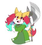  2023 4_fingers anthro avian axe bird braixen breasts clothing cosplay digital_media_(artwork) dress eyebrows fangs female final_fantasy final_fantasy_mystic_quest fingers fur generation_6_pokemon hi_res holding_axe holding_object holding_weapon inner_ear_fluff kaeli_(ffmq) looking_at_viewer nintendo overlordgirgy pokemon pokemon_(species) red_eyes red_nose ribbons seraphine_(roflfox) solo square_enix standing stick teeth tuft weapon white_body white_fur yellow_body yellow_fur 