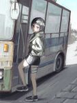  1girl abandoned absurdres backpack bag bandaged_leg bandages black_eyes black_footwear black_hair black_shorts bob_cut bus day full_body grey_jacket highres jacket motor_vehicle okura_lino original outdoors rust scenery short_hair shorts solo 