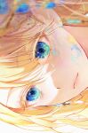  1girl 58_(opal_00_58) absurdres blonde_hair blue_eyes close-up closed_mouth earrings eye_focus highres jewelry long_hair looking_away original sideways simple_background solo white_background 