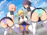  3girls ass black_eyes blonde_hair blue_sky breasts clothes_lift cloud commission dark-skinned_female dark_skin hair_ornament hairclip large_breasts loafers multiple_girls original outdoors panties pink_hair pixiv_commission purple_hair sanagi_torajirou school_uniform shoes short_hair skirt skirt_lift sky spread_legs squatting striped striped_panties thighhighs twintails underwear white_thighhighs 
