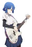  1girl bass_guitar black_ribbon black_shirt blue_hair blue_skirt blunt_bangs bocchi_the_rock! closed_mouth collared_shirt commentary cowboy_shot dolldolldd fender_precision_bass highres holding holding_instrument instrument layered_sleeves long_sleeves looking_at_viewer mole mole_under_eye music neck_ribbon pantyhose playing_instrument pleated_skirt ribbon shirt shirt_tucked_in short_hair short_over_long_sleeves short_sleeves simple_background skirt solo standing white_background white_shirt yamada_ryo yellow_eyes 