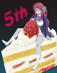  1girl blue_jacket blue_ribbon blue_skin cake colored_skin food fruit jacket long_hair looking_at_viewer minamoto_sakura polka_dot polka_dot_ribbon red_eyes red_hair ribbon scar scar_on_face skirt socks solo strawberry tono51044448 white_skirt white_socks zombie zombie_land_saga 