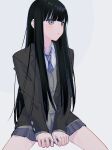  1girl between_legs black_hair black_jacket blazer blush cardigan closed_mouth collared_shirt diagonal-striped_necktie grey_background grey_cardigan grey_eyes grey_skirt hamafugu hand_between_legs highres jacket long_hair looking_away looking_to_the_side open_clothes open_jacket original pleated_skirt school_uniform shirt sitting skirt solo very_long_hair white_shirt 