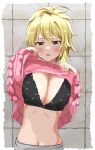  1girl absurdres ahoge black_bra blonde_hair bra breasts character_request cleavage clothes_lift copyright_request green_eyes haruki_(haruki678) highres large_breasts lifted_by_self looking_at_viewer navel pink_sweater solo stomach sweater sweater_lift underwear 