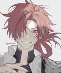  1boy bishounen coat ear_piercing fate/grand_order fate_(series) fingernails grin hair_over_one_eye long_hair looking_at_viewer male_focus piercing ponytail portrait red_hair romo827 simple_background smile solo takasugi_shinsaku_(fate) twitter_username white_background white_coat 
