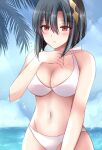  1girl bare_arms bare_shoulders bikini black_hair blue_sky blush breasts cleavage commentary_request day fire_emblem fire_emblem_engage hair_ornament hand_up highres kirishima_riona large_breasts navel nel_(fire_emblem) outdoors red_eyes short_hair sky solo stomach swimsuit upper_body white_bikini 