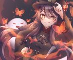  1girl :q brown_coat brown_hair bug butterfly chinese_clothes coat fire flower-shaped_pupils genshin_impact ghost hand_on_headwear hand_on_own_hip hat highres hu_tao_(genshin_impact) long_hair long_sleeves looking_at_viewer porkpie_hat red_eyes smile solo symbol-shaped_pupils tamacha tongue tongue_out twintails upper_body 