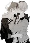  2boys aoyagi_touya blush closed_eyes commentary couple earrings fingernails greyscale hair_between_eyes hand_on_another&#039;s_neck highres hood hood_down hooded_jacket jacket jewelry kiss kissing_cheek long_sleeves male_focus mole mole_under_eye monochrome multicolored_hair multiple_boys open_clothes open_jacket project_sekai samgak shinonome_akito short_hair sleeves_past_elbows smile split-color_hair symbol-only_commentary two-tone_hair upper_body white_background yaoi 