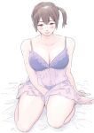  1girl alternate_costume bare_shoulders barefoot blush breasts brown_eyes brown_hair cleavage full_body highres kaga_(kancolle) kantai_collection large_breasts long_hair looking_down negligee purple_negligee seiza side_ponytail sitting solo underwear underwear_only vent_arbre 