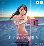  1girl beach black_hair blue_bra blue_pants blue_sky bra breasts brown_eyes closed_mouth copyright_name cowboy_shot denim highres iwato_suzume lips long_hair looking_at_viewer medium_breasts mismatched_underwear nanase_jiro navel outdoors panties pants ponytail sand shirt sky sleeveless sleeveless_shirt smile solo spaghetti_strap stomach summer sunset suzume_no_tojimari underwear undressing water white_panties white_shirt 