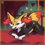  anthro aph_(artist) ass_up braixen clothing generation_6_pokemon leather leather_clothing looking_at_viewer lying male nether nintendo on_front open_mouth pokemon pokemon_(species) raised_tail smug solo tail 