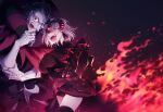  1boy 1girl 2gno082 black_hair blonde_hair blue_eyes breasts evil_grin evil_smile fate/grand_order fate_(series) feet_out_of_frame fire gilles_de_rais_(caster)_(fate) grin hair_between_eyes highres jeanne_d&#039;arc_(fate) jeanne_d&#039;arc_(ruler)_(fate) jeanne_d&#039;arc_alter_(avenger)_(fate) jeanne_d&#039;arc_alter_(fate) large_breasts large_hands leaning_forward light_particles looking_at_viewer pyrokinesis short_hair smile thighs yellow_eyes 