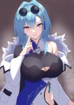  1girl aogiri_koukou blue_dress blue_hair blue_tassel breasts china_dress chinese_clothes cleavage cleavage_cutout clothing_cutout dress earrings eyewear_on_head finger_to_cheek fur-trimmed_jacket fur_trim glasses grey_eyes hair_intakes hair_ornament harusame_urame highres jacket jewelry kakubou long_hair mole mole_under_eye multicolored_clothes multicolored_dress pink_eyes round_eyewear single_bare_shoulder single_earring single_sleeve solo steaming_body tassel tassel_hair_ornament upper_body white_dress white_jacket 