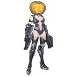  1girl armlet armor artist_request black_armor black_footwear black_gloves black_leotard black_sleeves boots breasts center_opening detached_sleeves dual_wielding full_body girls&#039;_frontline gloves gun holding holding_gun holding_weapon jack-o&#039;-lantern large_breasts leg_armor leotard navel official_alternate_costume official_art pale_skin pumpkin_on_head ripper_(girls&#039;_frontline) sangvis_ferri science_fiction solo standing submachine_gun thigh_boots transparent_background weapon 