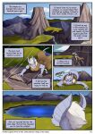  anthro climbing clothed clothing cloud comic digital_media_(artwork) draako english_text exhausted female feretta grass hair hi_res horn iluq mis&#039;alia mountain plant solo tail text water white_hair 