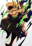  1boy abs alternate_costume bandana bara black_kimono fighting_stance full_body glowing glowing_eyes green_hair hd189733b highres holding holding_sword holding_weapon japanese_clothes jumping kimono large_pectorals looking_down male_focus mouth_hold muscular muscular_male nipples one_piece pectorals roronoa_zoro scar scar_across_eye short_hair solo sword triple_wielding weapon 