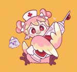  1girl beak bird_girl bird_wings double_bun full_body furry furry_female ghost hair_bun halloween halloween_costume hat holding holding_syringe hua_hua_de_meme looking_at_viewer nurse nurse_cap original pink_hair red_eyes sitting solo syringe white_background wings 