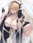  1girl :p azur_lane bare_shoulders black_gloves blonde_hair breast_cutout breasts cuboon fake_horns gloves hair_between_eyes hand_on_glass horns huge_breasts implacable_(azur_lane) large_breasts long_bangs long_hair looking_at_viewer nun red_eyes revealing_clothes shirt_slip solo thighhighs thighs tongue tongue_out veil very_long_hair white_horns white_thighhighs 