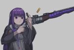  1girl absurdres aiming bolt_action fern_(sousou_no_frieren) gun hair_ornament heromedley highres holding holding_gun holding_weapon hood hooded_coat long_sleeves purple_eyes purple_hair rifle shell_casing simple_background sniper_rifle solo sousou_no_frieren weapon 