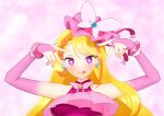  1girl absurdres blonde_hair brooch butterfly_earrings butterfly_hat cure_butterfly earrings highres hijiri_ageha hirogaru_sky!_precure hoshino_ai&#039;s_pose jewelry long_hair looking_at_viewer magical_girl midriff on_kazu oshi_no_ko pink_background pink_headwear pose_imitation precure purple_eyes smile solo star-shaped_pupils star_(symbol) symbol-shaped_pupils upper_body very_long_hair wing_brooch wing_hair_ornament 