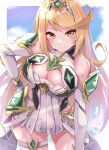  1girl bare_legs bare_shoulders blonde_hair blush breasts chest_jewel cleavage cleavage_cutout clothing_cutout core_crystal_(xenoblade) dress earrings elbow_gloves gem gloves hand_on_own_hip headpiece jewelry large_breasts long_hair looking_at_viewer microdress mythra_(xenoblade) racket_ti1 short_dress smile solo swept_bangs thigh_strap tiara very_long_hair white_dress white_gloves xenoblade_chronicles_(series) xenoblade_chronicles_2 yellow_eyes 
