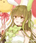  1girl akiya_doubao animal_ears balloon bare_shoulders bow brown_hair commentary_request dated dress fake_animal_ears girls&#039;_frontline green_bow green_hair green_ribbon holding holding_balloon long_hair looking_up m4a1_(a_girl&#039;s_hot_air_balloon_adventure)_(girls&#039;_frontline) m4a1_(girls&#039;_frontline) multicolored_hair official_alternate_costume rabbit_ears red_ribbon ribbon signature smile solo streaked_hair upper_body white_dress 