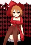  1girl argyle argyle_background bare_arms breasts brown_eyes brown_hair brown_thighhighs commentary_request dot_nose dress feet_out_of_frame hair_between_eyes halloween hat i.u.y jack-o&#039;-lantern light_blush looking_at_viewer medium_breasts medium_hair misaka_worst red_dress red_headwear short_sleeves sitting skull smile solo star_(symbol) thighhighs thighs toaru_majutsu_no_index witch_hat 
