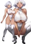  1girl aqua_eyes areola_slip bare_shoulders breasts cameltoe covered_nipples dark-skinned_female dark_skin gundam gundam_suisei_no_majo high_heels jirusu large_breasts looking_at_viewer multiple_views open_mouth paid_reward_available saliva secelia_dote short_hair sideboob simple_background squatting teeth thighhighs tongue tongue_out underboob white_background white_hair white_nails white_thighhighs 