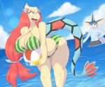  2023 absurd_res anthro bent_over big_breasts bikini black_body black_skin blue_body blue_skin breasts clothing cloud day duo eeveelution female fin generation_1_pokemon generation_3_pokemon green_bikini green_clothing green_swimwear hair head_fin hi_res huge_breasts light_body light_skin long_hair long_tail male male/female markings mila_(snackbunnii) milotic nintendo open_mouth partially_submerged pattern_bikini pattern_clothing pattern_swimwear pokemon pokemon_(species) red_body red_hair red_skin ritz_(snackbunnii) sky smile snackbunnii standing_in_water swimming_trunks swimwear tail tail_markings tan_body thick_thighs vaporeon 